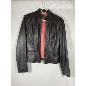 General Leather Co, leather jacket black, pink satin lining Women size Medium